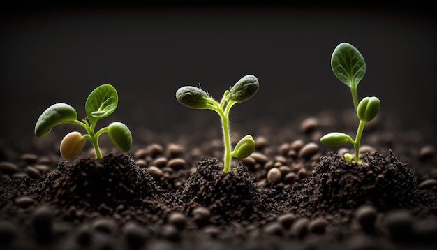 Trois jeunes plantes poussant dans le sol avec un fond noir