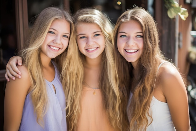 Trois jolies adolescentes souriant heureusement avec leurs rencardes.