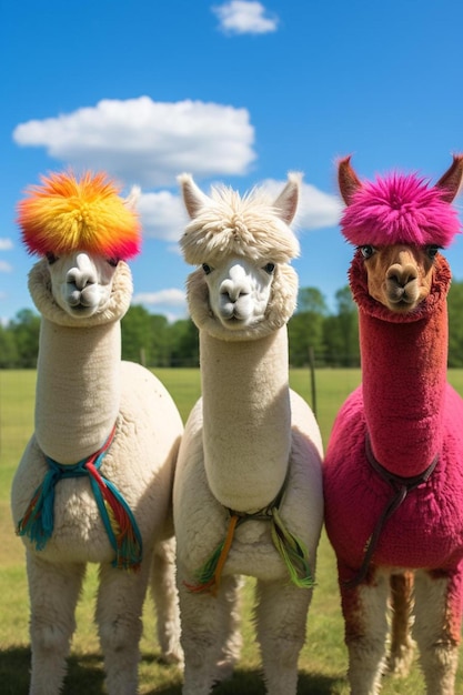trois lamas aux cheveux aux couleurs vives se tenant côte à côte