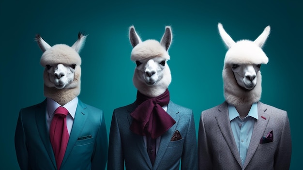 Trois lamas portant des costumes et des cravates, l'un portant une cravate rouge et l'autre portant une cravate rouge.