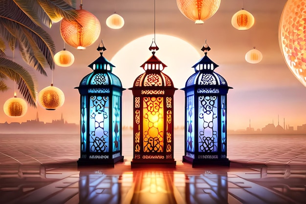 Trois lanternes avec les mots ramadan dessus