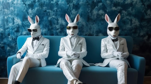 Trois lapins sur un canapé bleu avec les mots "lapin" sur le devant