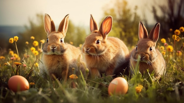 Trois lapins dans un champ avec un oeuf peint