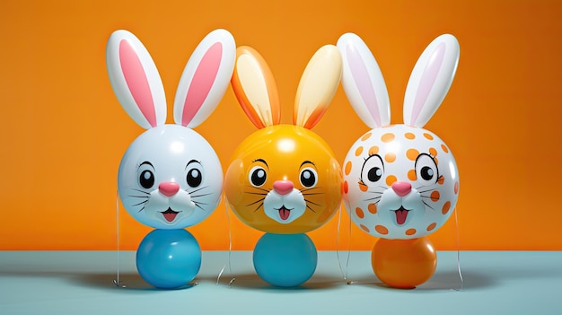 Trois lapins de dessins animés mignons et colorés faits de ballons l'image parfaite pour Pâques ou toute autre célébration de printemps