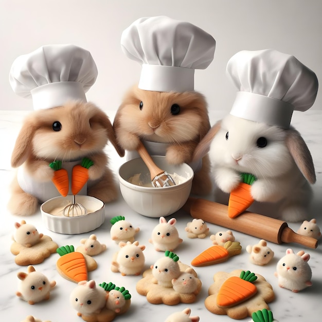 trois lapins lapins sont assis devant des carottes