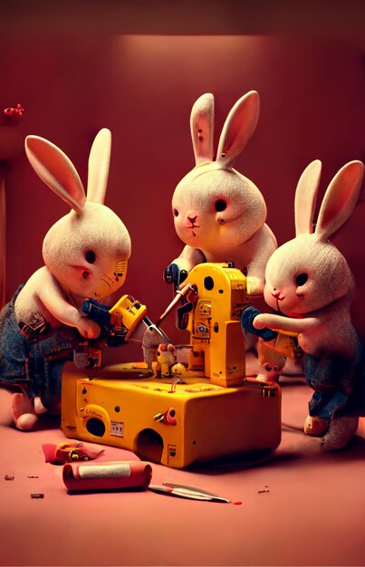 Trois lapins travaillent sur une machine jaune.