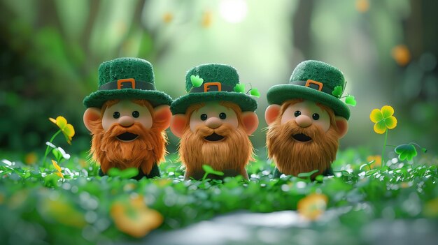 Trois leprechauns avec des feuilles de trèfle dans la forêt le jour de Saint-Patrick