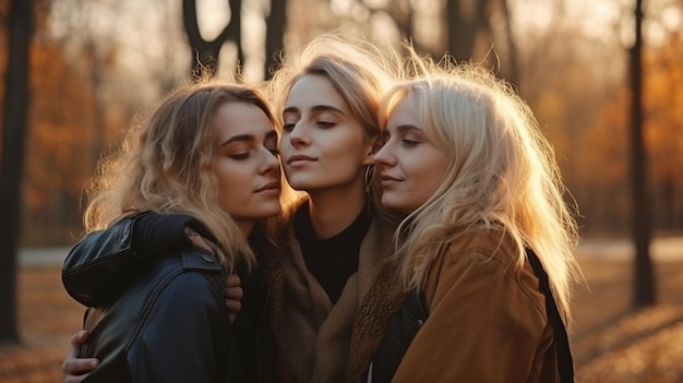 Trois lesbiennes câlinant dans un parc l'idée de la liberté amoureuse et de l'IA générative