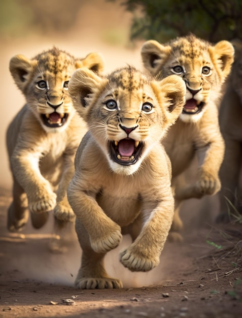 Trois lionceaux courant vers la caméra.