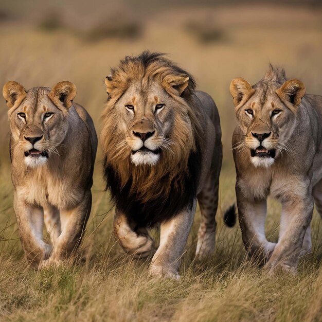 Photo trois lions marchent ensemble dans l'herbe