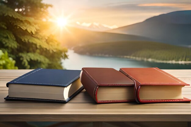 Photo trois livres sur une table avec vue sur la montagne en arrière-plan