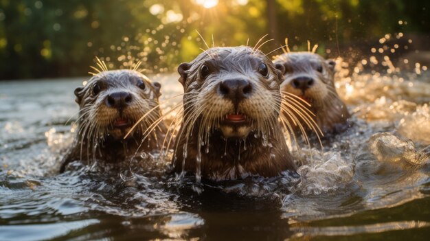 Trois loutres enjouées nagent gracieusement avec la bouche ouverte, créant un spectacle capricieux.