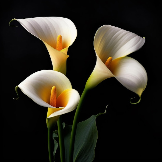 Trois lys calla sont représentés sur un fond noir.