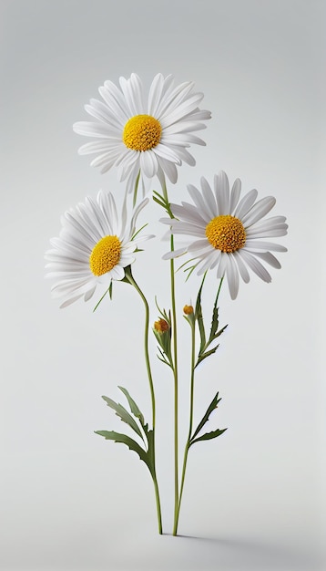 Trois marguerites sont dans un vase avec une qui a un centre jaune.