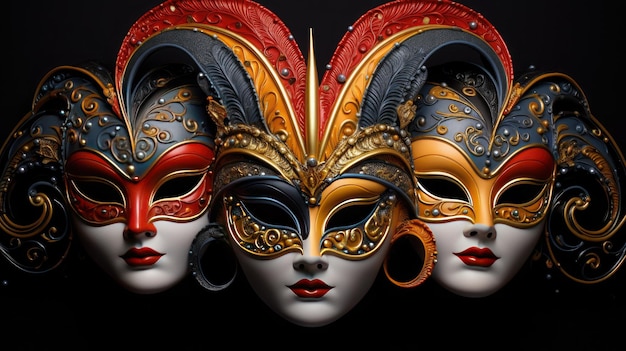 Trois masques de carnaval vénitiens sur un fond sombre en l'honneur du carnaval vénitien Mardi Gras