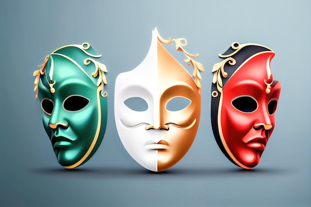 Trois masques avec le mot mascarade dessus