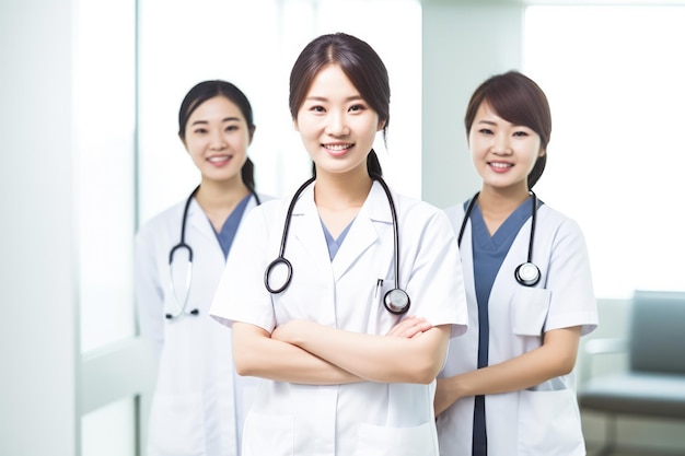 Photo trois médecins souriantes avec des stéthoscopes dans une clinique lumineuse