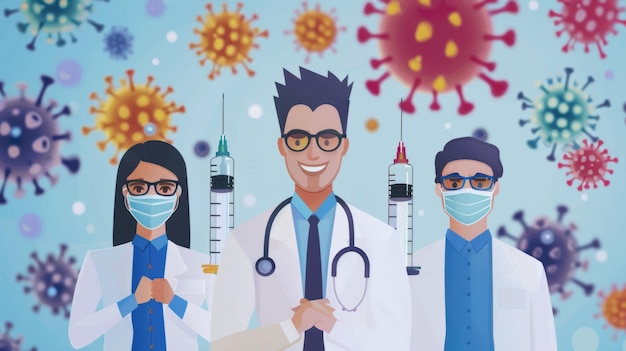 Trois médecins tiennent des seringues et portent des masques Concept d'urgence et d'importance en tant que médecin