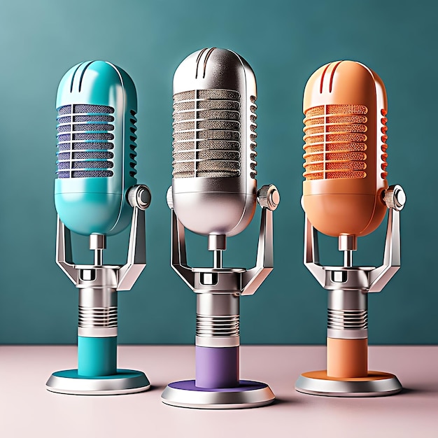 Trois microphones sont alignés, dont un bleu, un orange et l'autre bleu.