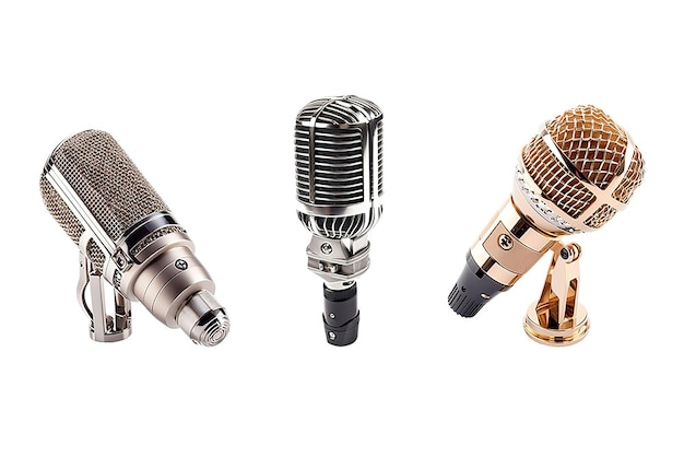 Photo trois microphones sont sur un fond blanc
