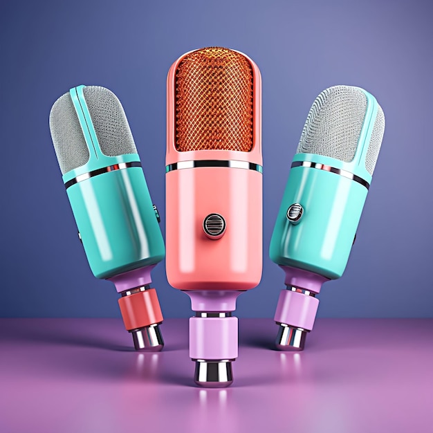 Trois microphones sont sur fond violet avec le mot radio sur le devant.