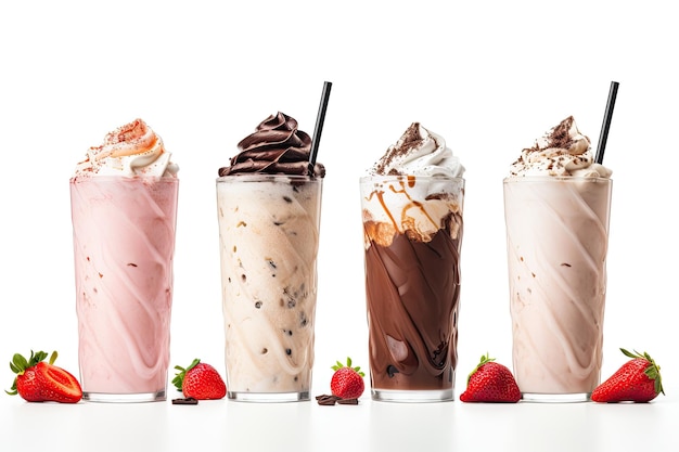 Trois milkshakes de différentes saveurs chocolat fraise et vanille séparés sur une plaine whit