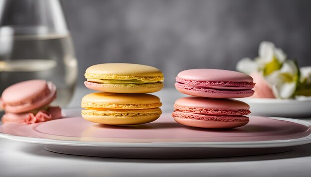 trois mini-macaronis roses et jaunes colorés et du fromage sont empilés sur un plateau