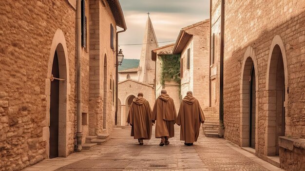 Trois moines franciscains marchent dans une rue pavée d'une ville historique au coucher du soleil