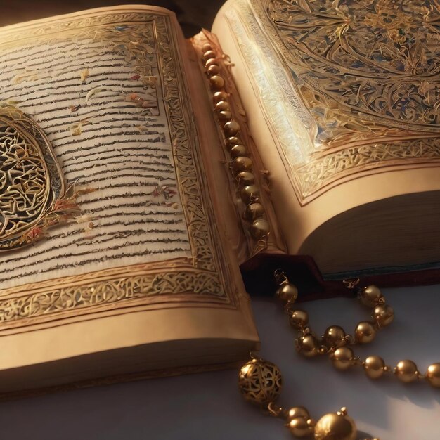 Trois mois du livre sacré islamique du Coran avec des perles de chapelet sous une lumière douce