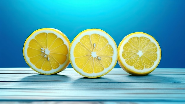 Trois moitiés de citron sur fond bleu