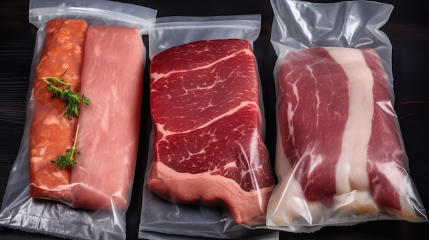 Trois morceaux de viande sont emballés dans des sacs en plastique sur une table ai générative