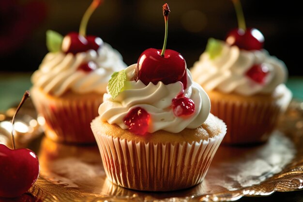 Trois muffins à la crème et aux cerises