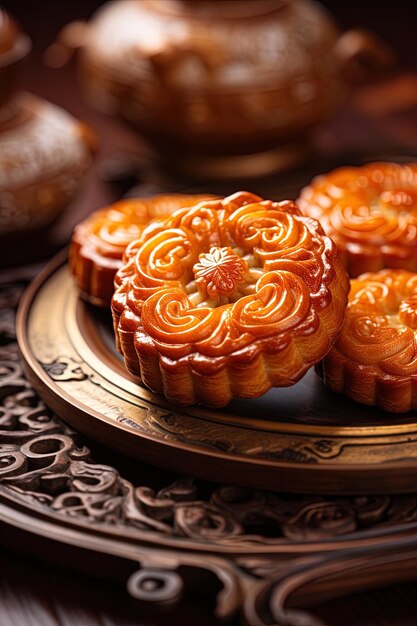 trois muffins avec des fleurs sur une assiette et une assiette avec un dessin de fleurs