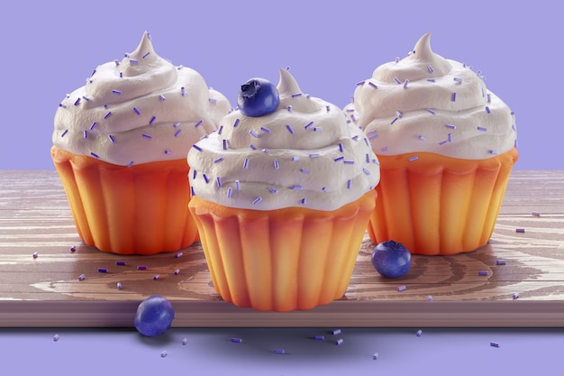 Trois muffins sucrés garnis de bleuets.