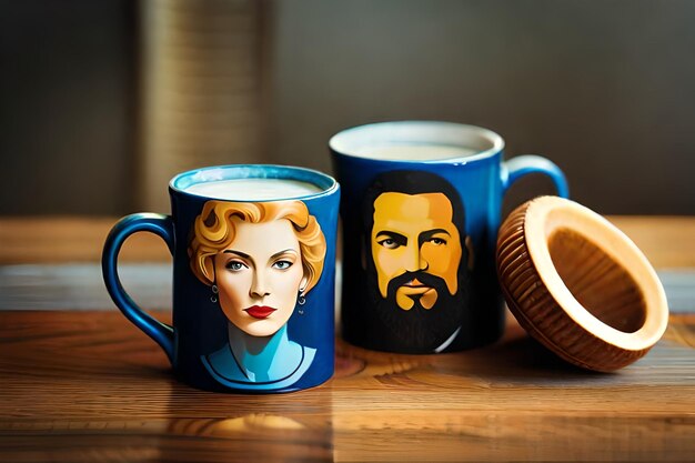 trois mugs avec le visage d'un homme et d'une femme sur le côté droit.