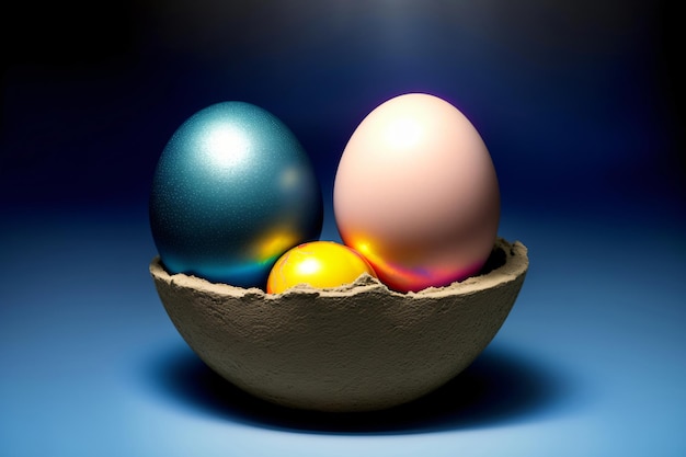 Trois œufs dans une coquille d'œuf fissurée sur un fond bleu
