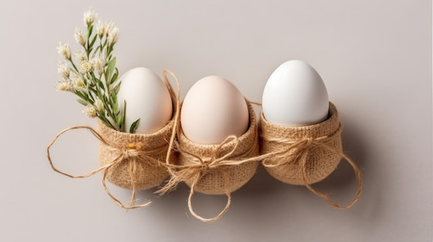 Trois œufs dans un panier avec une plante sur le dessus.