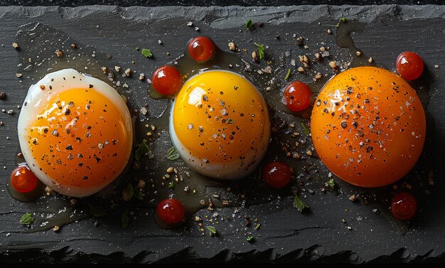 Trois œufs avec du poivre noir et de la sauce rouge sur une assiette noire les œufs sont disposés en rangée et la sauce est étalée autour d'eux