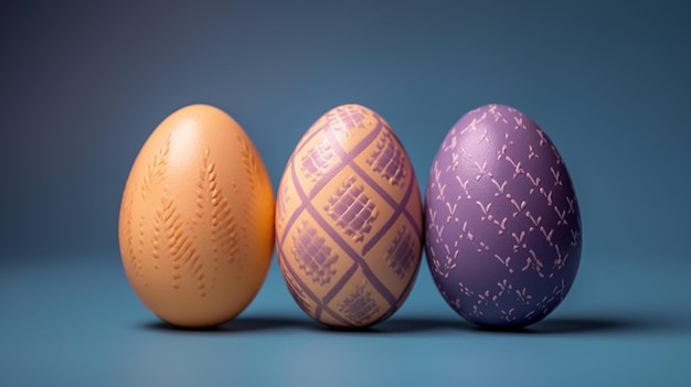 Trois oeufs de pâques d'affilée sur fond bleu