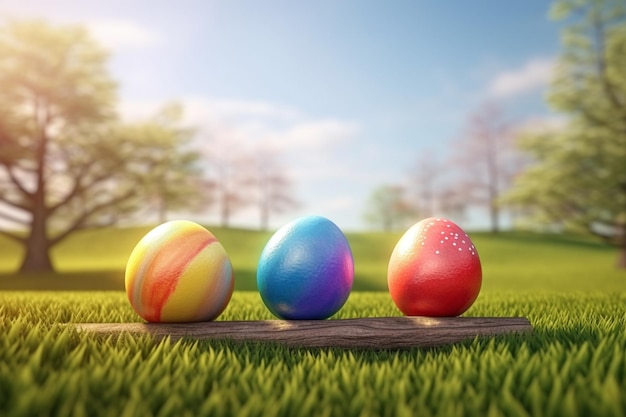 Trois oeufs de pâques sur un champ d'herbe