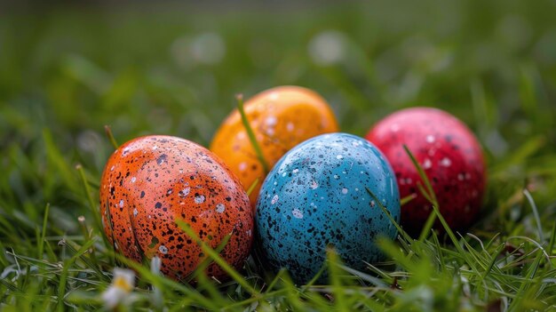 Trois œufs de Pâques colorés dans l'herbe