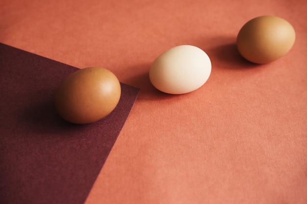 Trois œufs de poule sont pondus sur du papier de couleurs naturelles. La texture du papier et de l'œuf est beige.