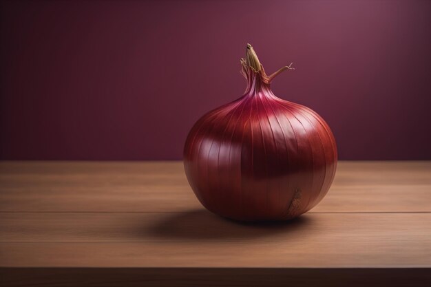 Photo trois oignons sur une table en bois devant un fond de couleur solide