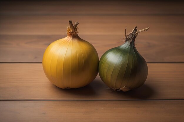 Photo trois oignons sur une table en bois devant un fond de couleur solide