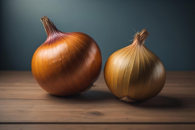 Trois oignons sur une table en bois devant un fond de couleur solide