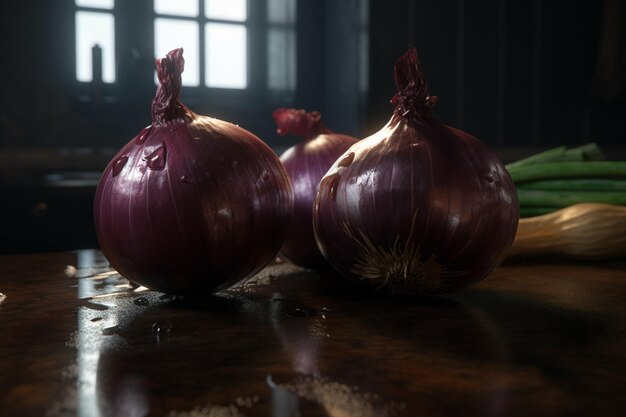 Photo trois oignons sur une table dans une pièce sombre