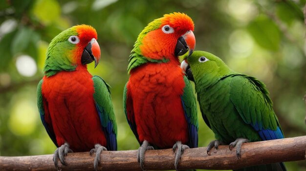 Photo trois oiseaux colorés assis ensemble sur une branche dans une zone de branche d'arbre