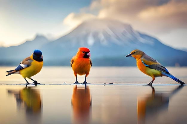 Photo trois oiseaux colorés avec une montagne en arrière-plan