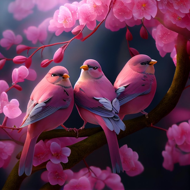 Photo trois oiseaux mignons perchés sur une branche d'arbre de fleurs de cerisier illustration de printemps