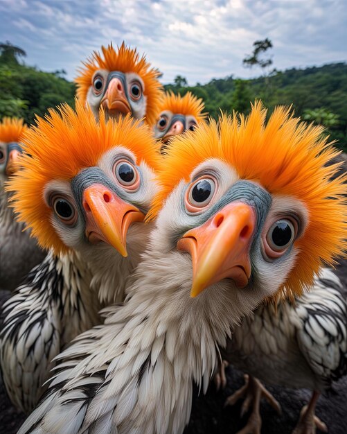 Photo trois oiseaux avec des plumes orange et jaune se tiennent ensemble